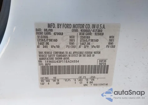 2001 Ford Excursion Limited из США, поврежденный, VIN 1FMSU43F11EA24554